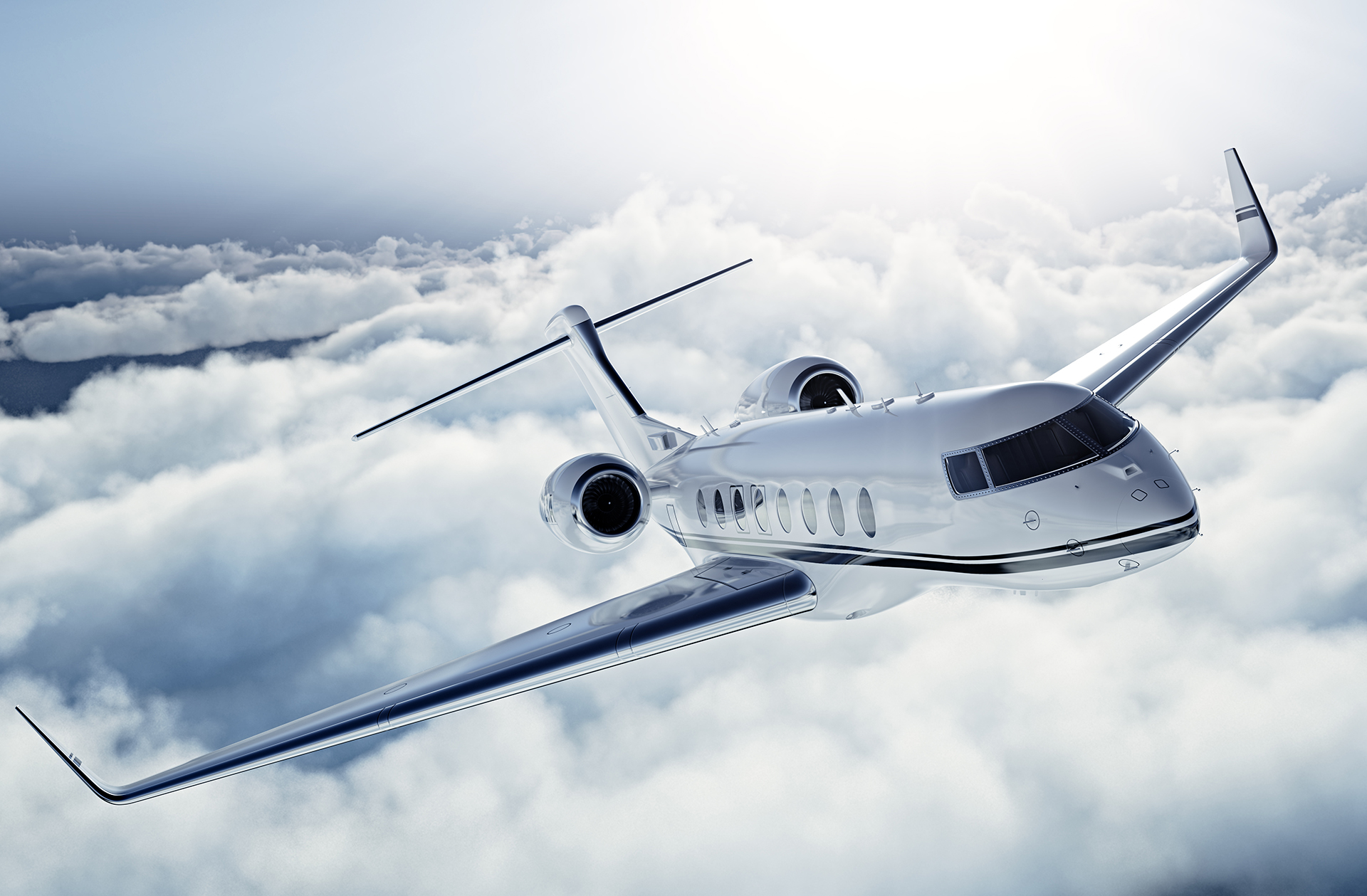 Realistic photo of White Luxury generic design private jet flying over the earth. Empty blue sky with white clouds at background. Business Travel Concept. Horizontal. 3D rendering